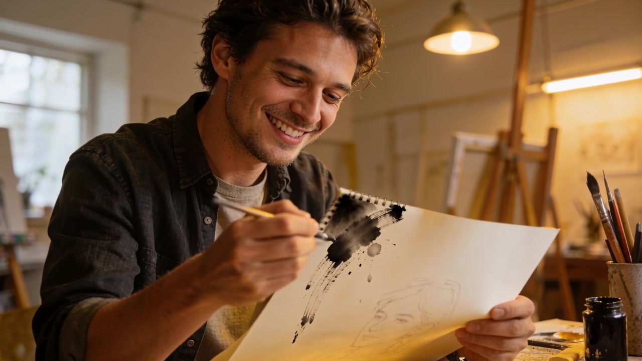 Inspecionando um esboço, um pintor com camisa escura aplicando tinta preta no papel no estúdio, criando respingos.