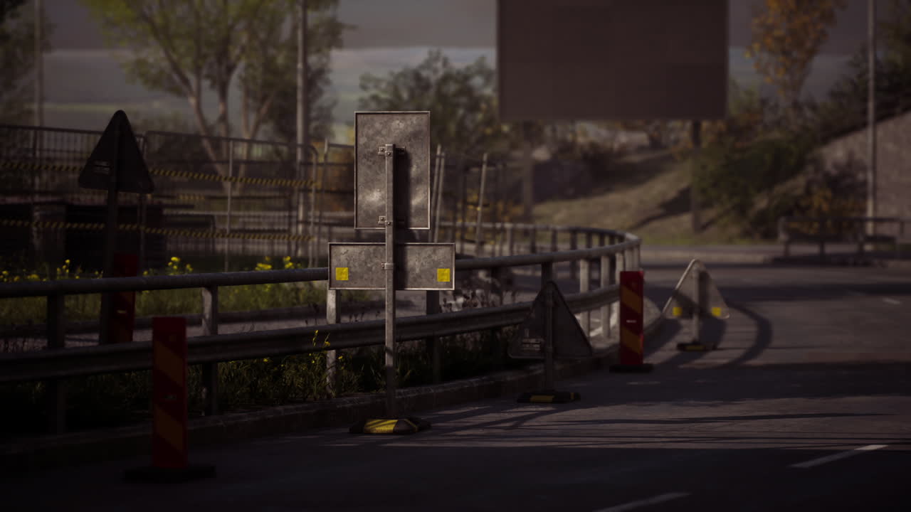 Roadside view with construction signs and barriers near city landscape