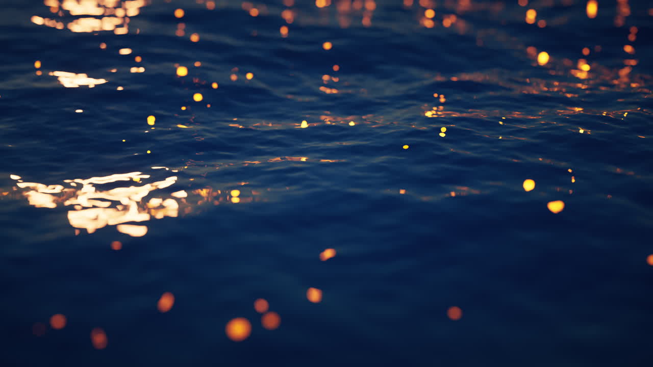 циклическая анимация волнистого озера с светящимися частицами, 3d-рендерирование.