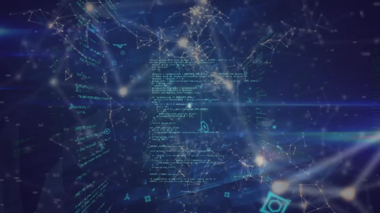 Animation of network of connections with icons and data processing on blue background