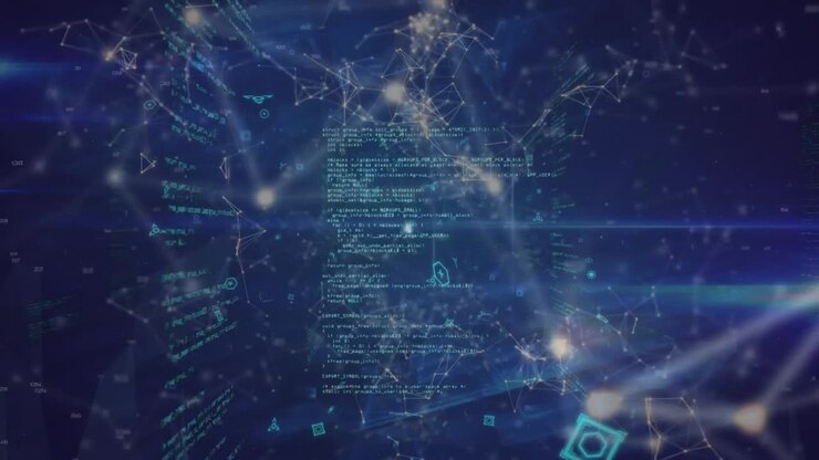 Animation of network of connections with icons and data processing on blue background