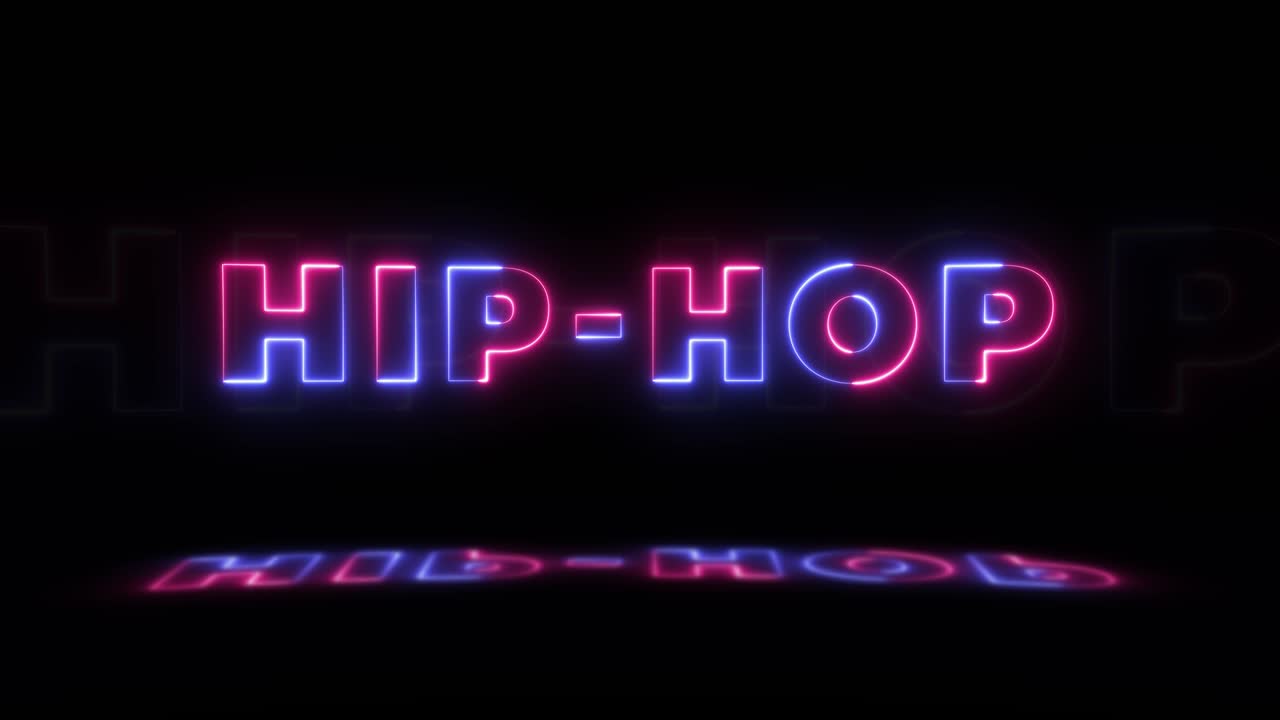 Neon glowing word 'HIP-HOP' on a black background with reflections on a floor. Neon glow signs in seamless loop motion graphic