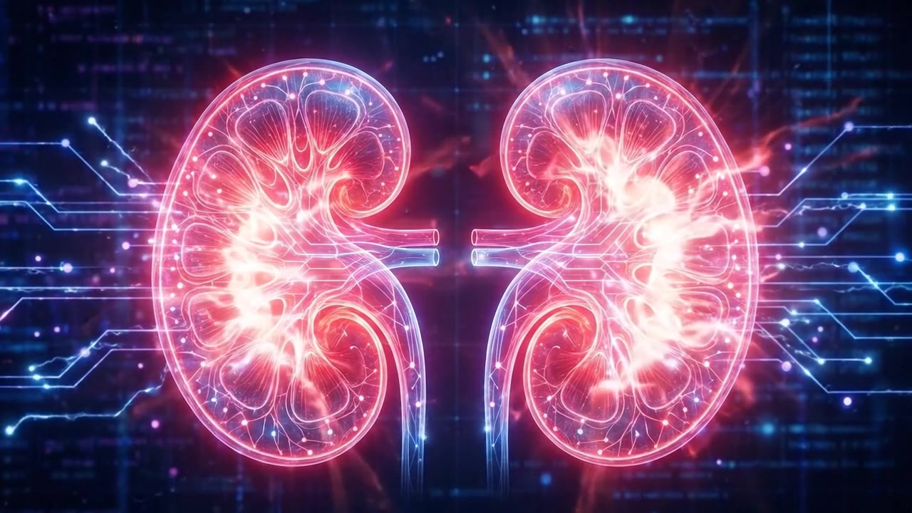 Glowing medical visualization of human kidneys