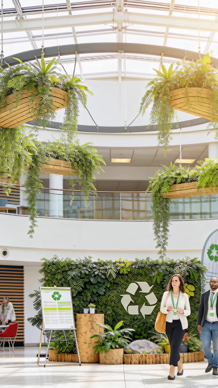 Vídeo vertical: Dois adultos apertando as mãos se cumprimentando em uma exposição de reciclagem no átrio, câmera recuando