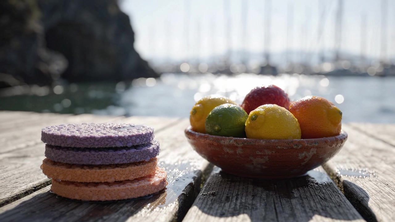 Bunte Früchte und kreative Texturen: Eine lebendige Stillleben-Komposition, die Frische und ästhetischen Reiz an einer ruhigen Uferpromenade hervorhebt.