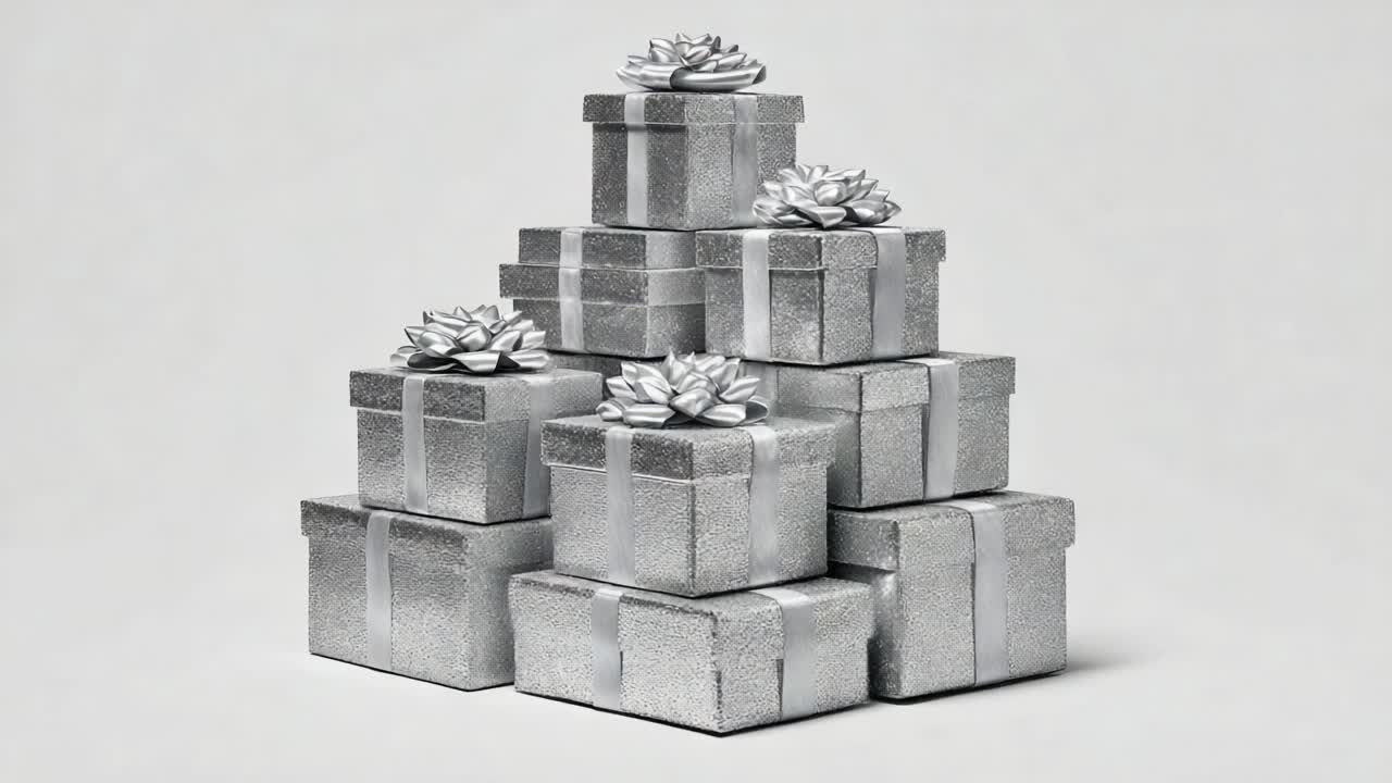 A stunning arrangement of silver gift boxes, neatly stacked in a pyramid shape, adorned with elegant decorative bows, symbolizing celebration and special occasions