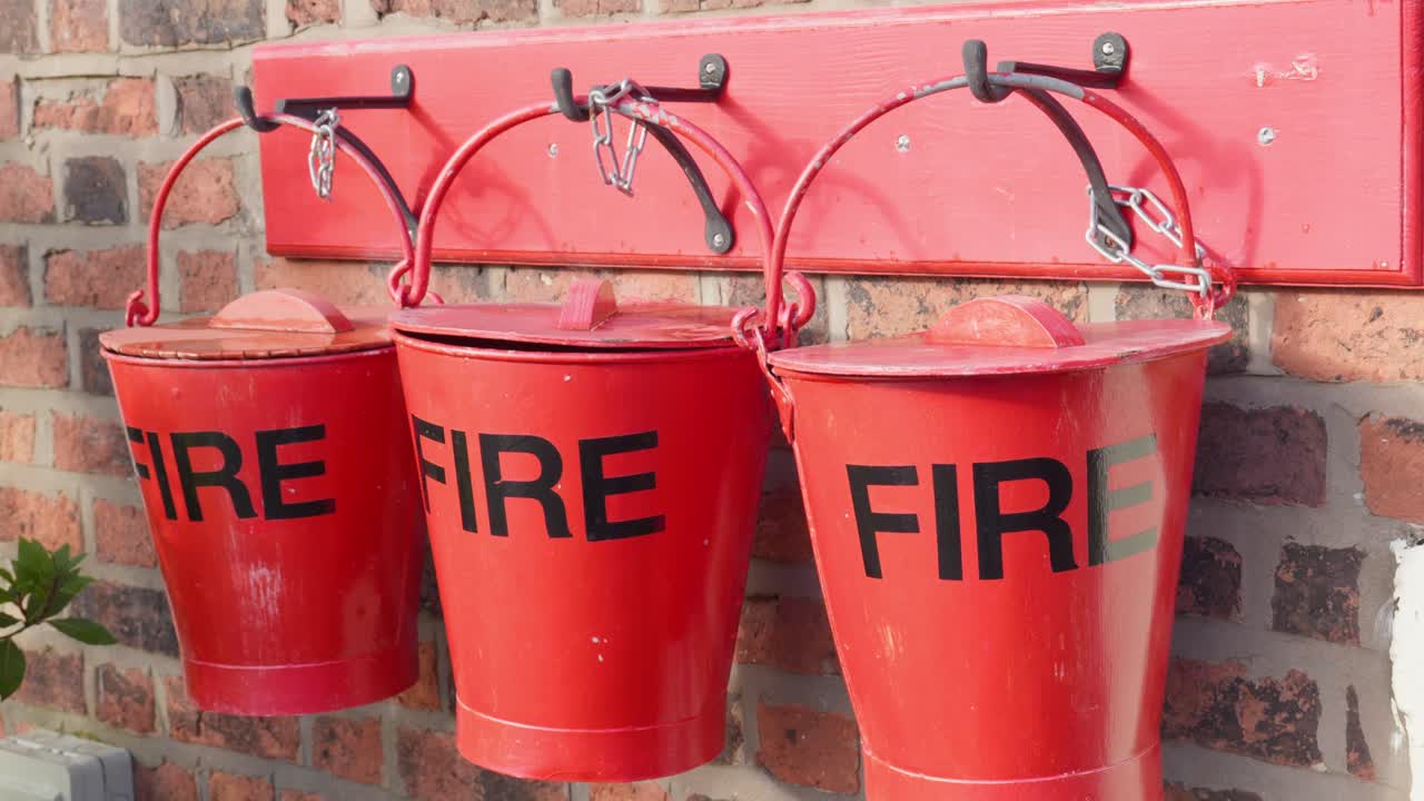 tres cubos de fuego rojo vintage colgando pared de ladrillo estación de tren