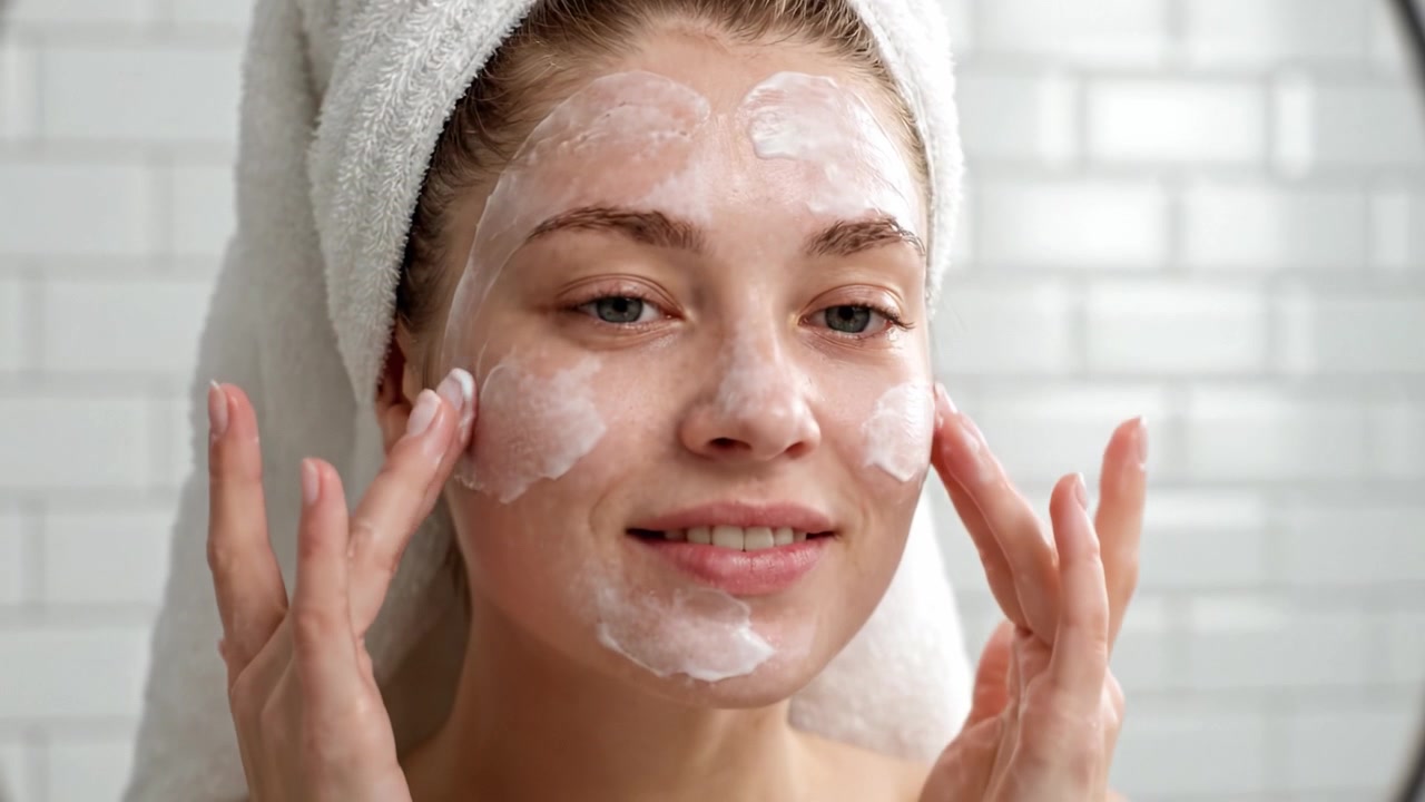 Een jonge vrouw die een huidverzorgingsroutine uitvoert: het aanbrengen van reinigingsschuim en moisturizer voor een gezonde, stralende teint, met een frisse handdoek om haar haar.