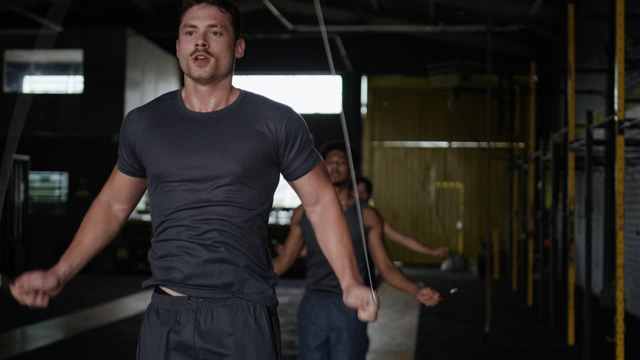 체육관 에서 로프 점프 하는 남자 들