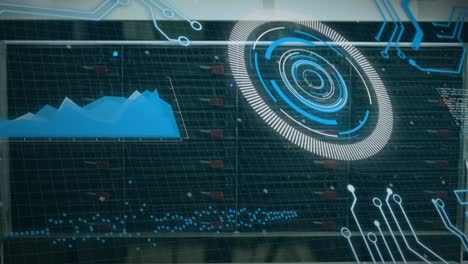 animation of scope scanning and data processing over cables in computer server in background