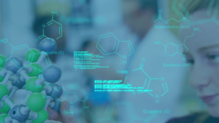 Animation of data processing over caucasian girl in lab