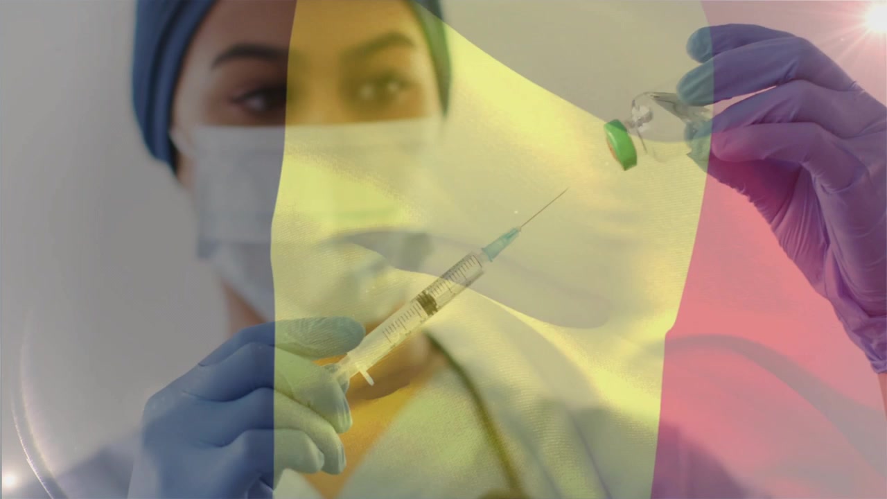 Nurse inserting into vial, drawing vaccine into syringe for shot with tricolor overlay appearing