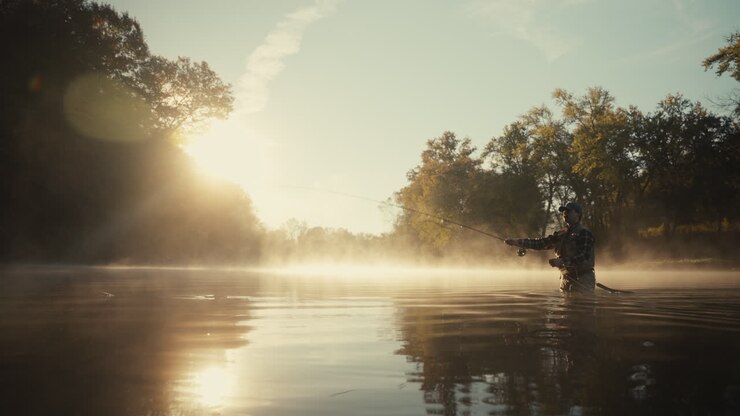 Man Fly Fishing in Misty Morning Light