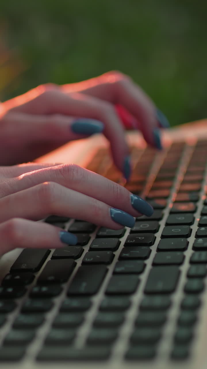 primer plano de una mujer con una camiseta rosa con uñas bien pulidas escribiendo en una computadora portátil, sombras de su mano visibles en el teclado, con un cálido resplandor de luz solar en el fondo y un efecto de luz bokeh en la distancia