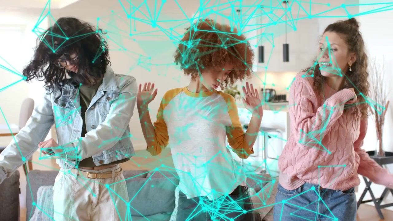 Three women responding to offframe beat dancing syncing varying while technology overlay obscuring