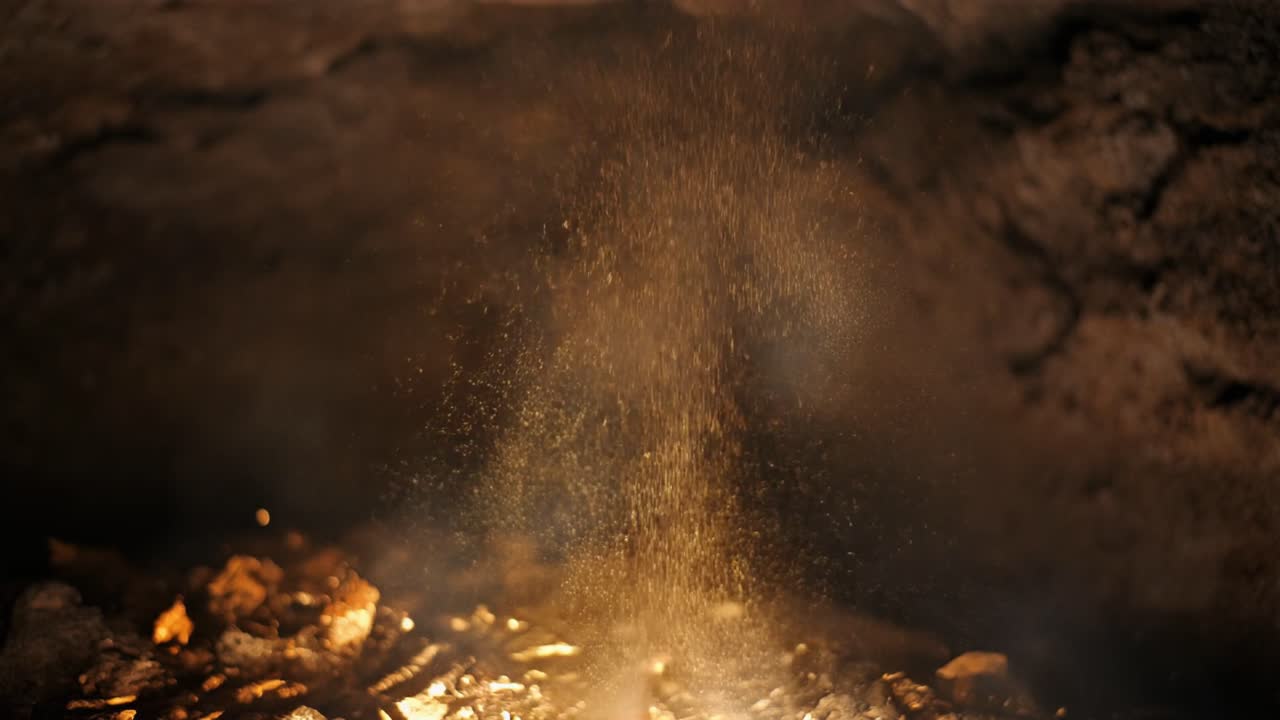 Golden Dust Particles Falling in a Dark, Smoky Environment