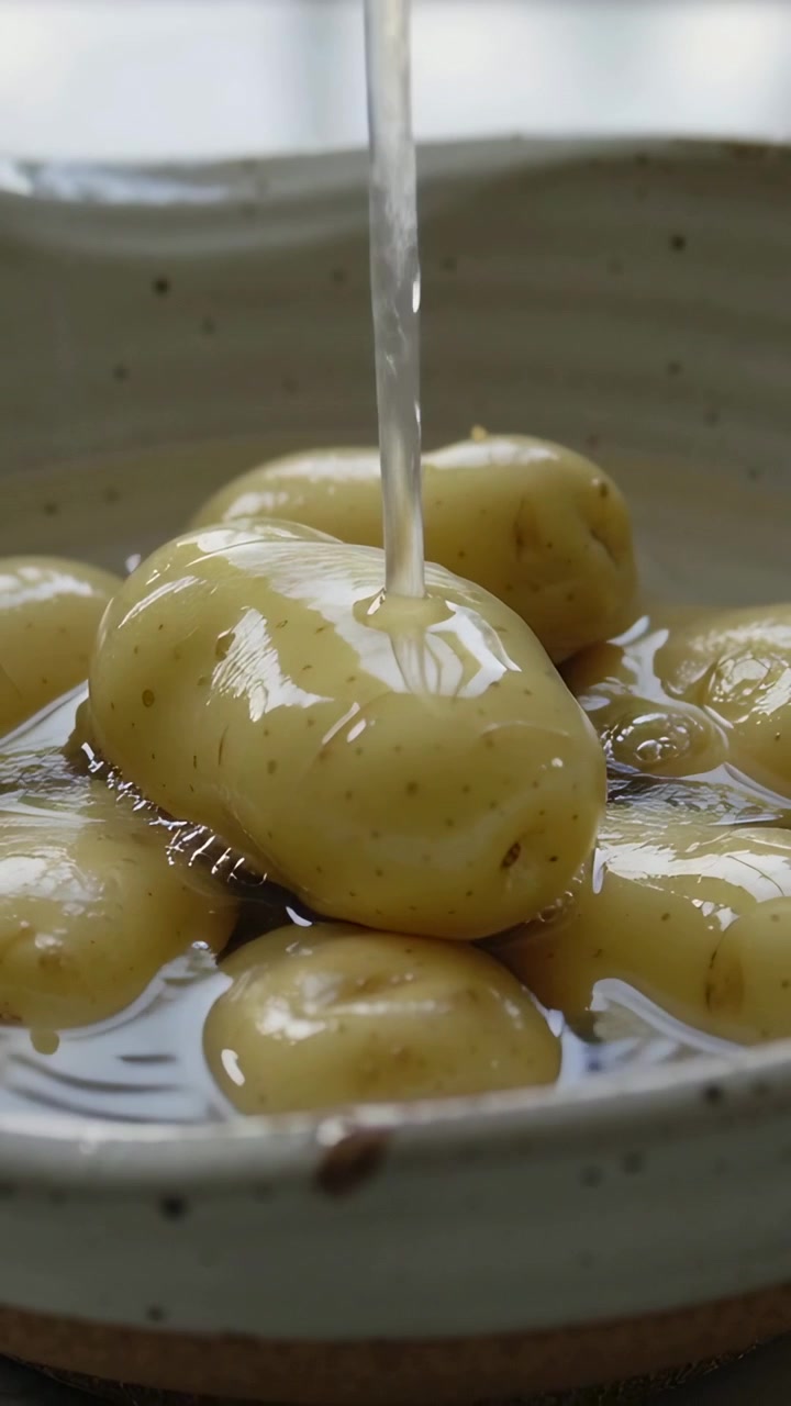 Video verticale: rubinetto aperto che sciacqua patate novelle cerose in una ciotola nel lavandino della cucina per pulirle
