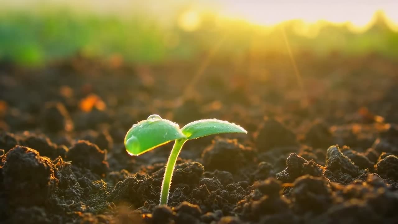 Video ravvicinato di una piantina nel terreno all'alba, che cattura la crescita e i nuovi inizi.