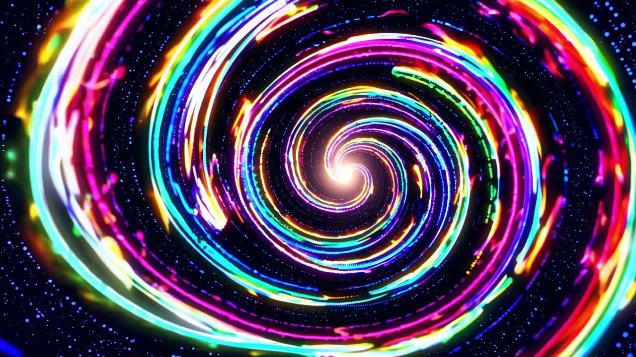 Bright swirling vortex spinning through deep space, featuring colorful light trails radiating from a luminous center, creating a captivating and mesmerizing visual experience