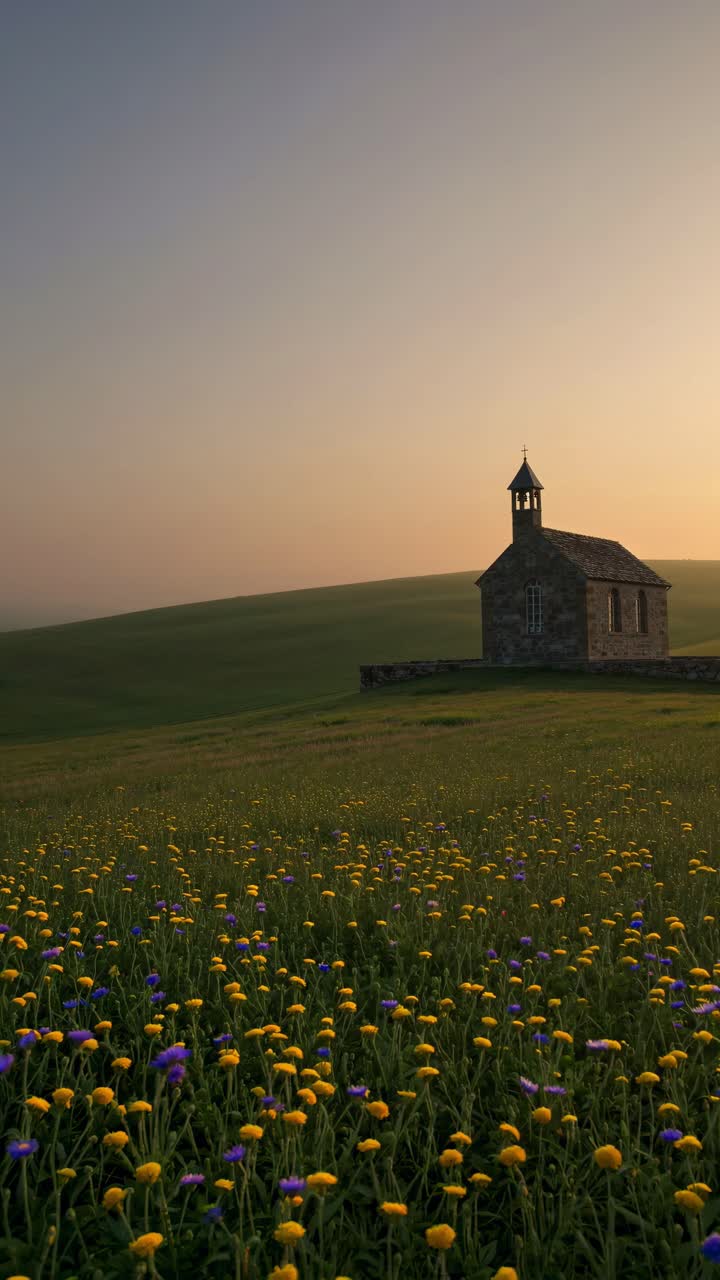 A serene landscape video captures a small stone chapel at sunrise, with a low-angle view