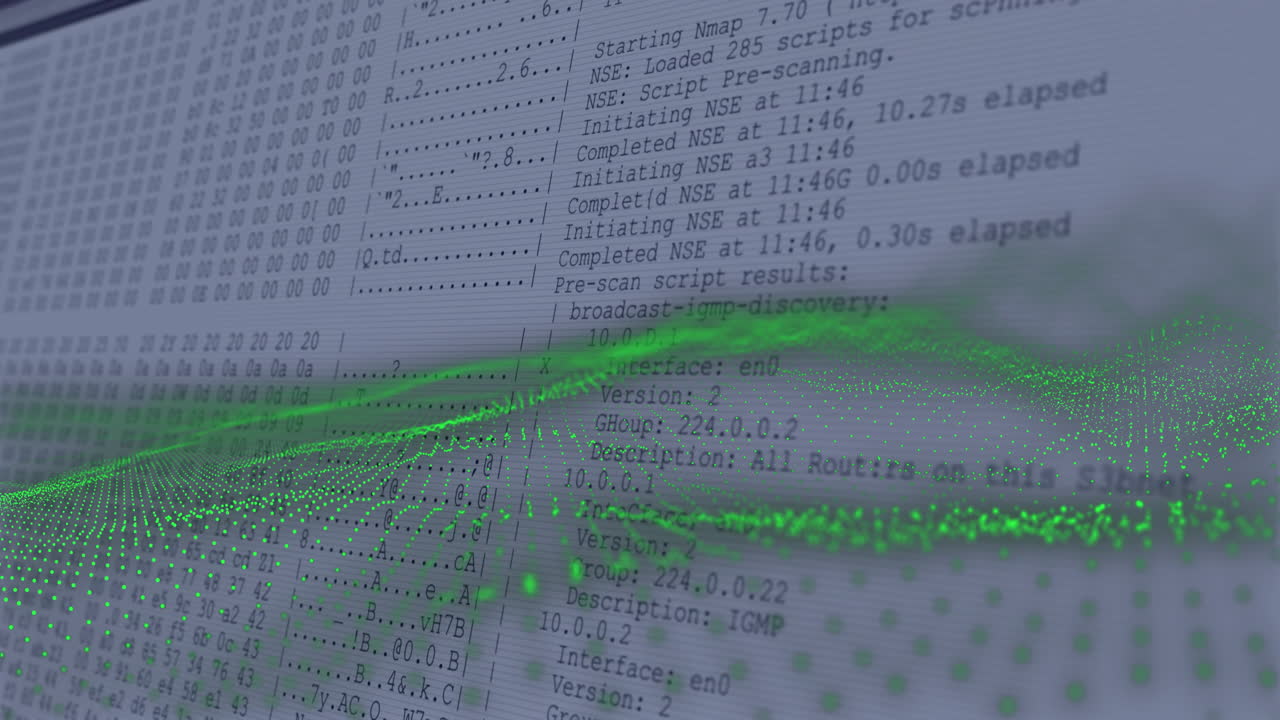 Overlaying green digital wave animation, terminal screen displaying network data analysis