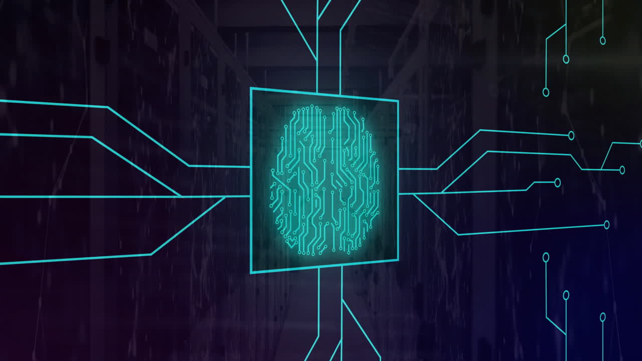 Animation of neon network of connections with brain over server room