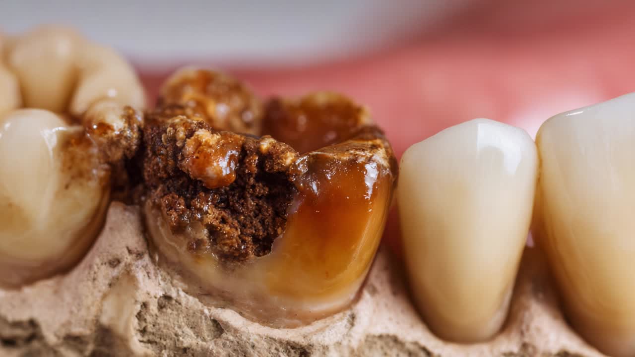 Close-up Examination of Dental Decay and Healthy Teeth: Detailed Macro View Illustrating Tooth Structure and the Effects of Cavities on Oral Health in Human Dentition