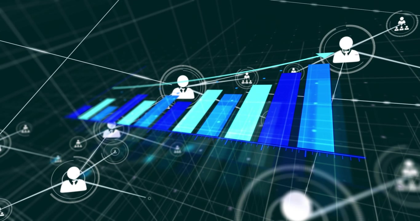 Professional avatar nodes and bar chart responding to sweeping blue line, growing business network