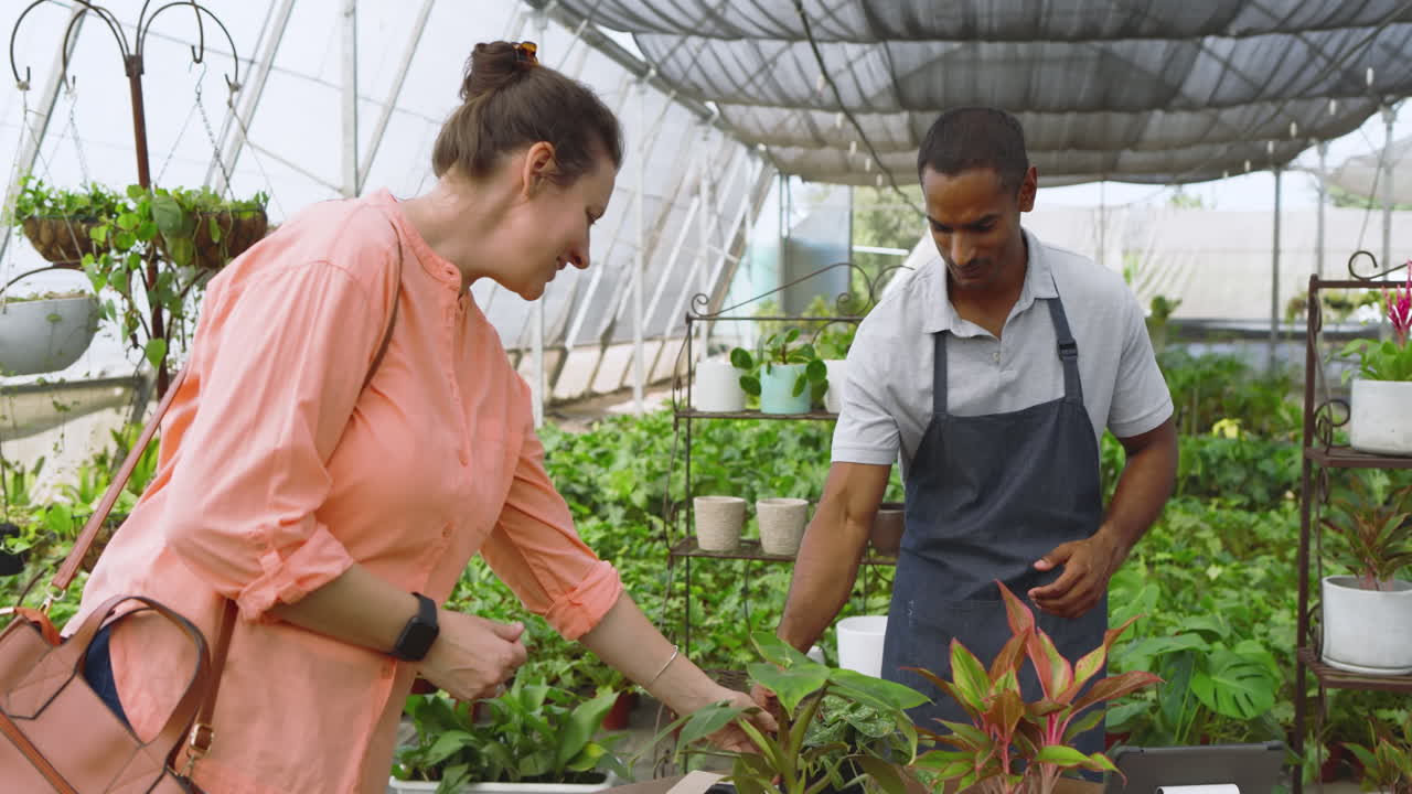 man in apron discussing plant care with woman in greenhouse