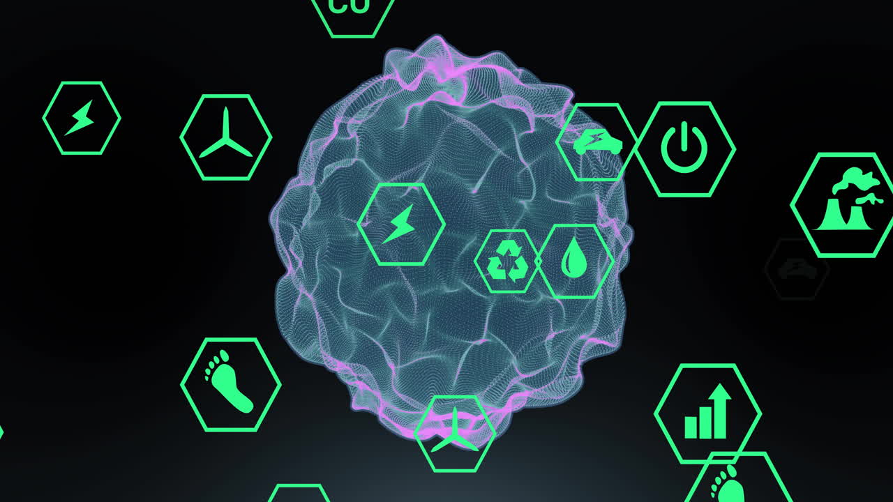 animación de iconos ecológicos y procesamiento de datos en todo el mundo