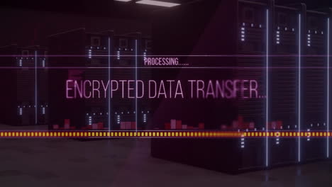 processing encrypted data transfer animation in server room background