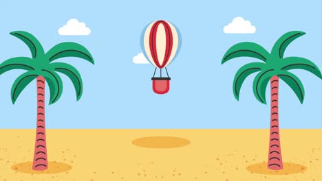 playa tropical con globo de aire caliente