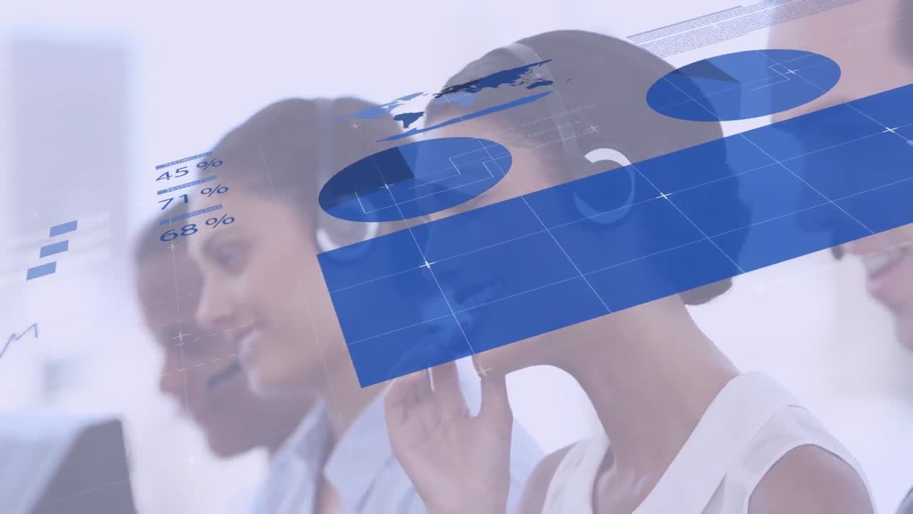 animación de procesamiento de datos azul y gente de negocios en el fondo