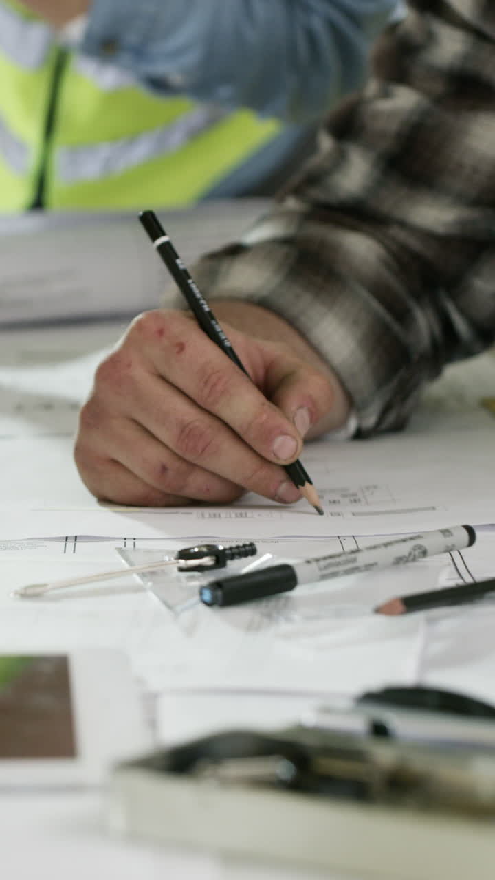 Close-Up of Engineer's Hand Drawing on Blueprints with a Pencil