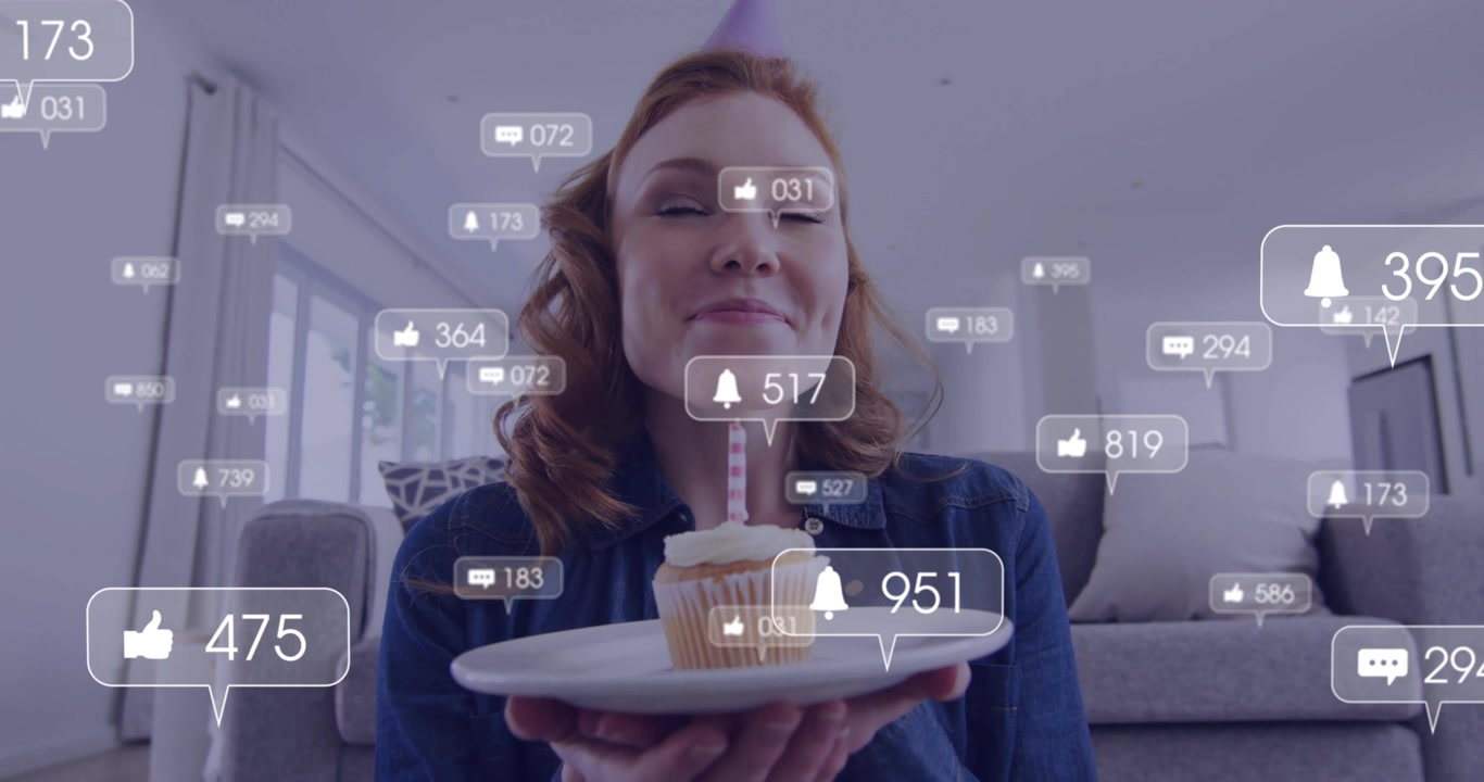 woman content creator blowing out candle boosting social media engagement with animated reactions