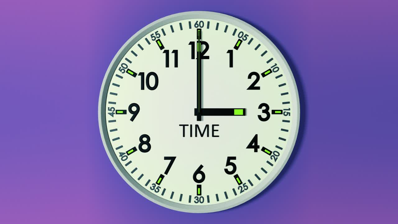 The minute hand of the clock face counts down the minutes frame by frame and moves the hour hand. A total of 12 hours and 720 minutes pass. Round clock face close-up on a colored background.