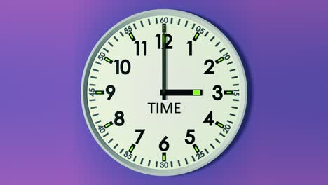 the minute hand of the clock face counts down the minutes frame by frame and moves the hour hand. a total of 12 hours and 720 minutes pass. round clock face close-up on a colored background.