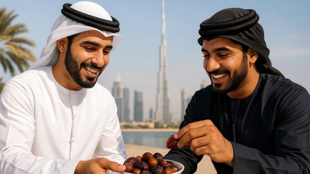 Two men in traditional attire enjoy dates outdoors with a cityscape backdrop