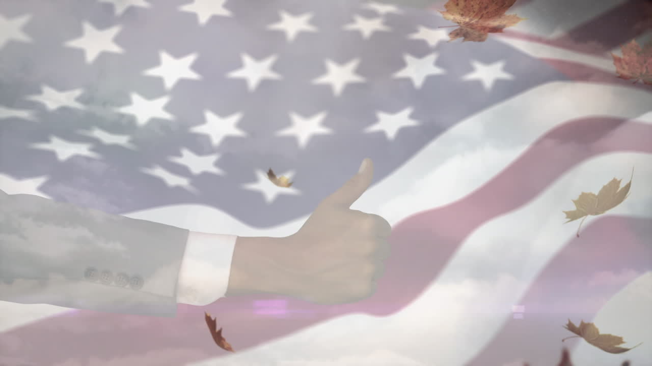 animación de la mano con el pulgar hacia arriba y las hojas sobre la bandera de ee.uu.