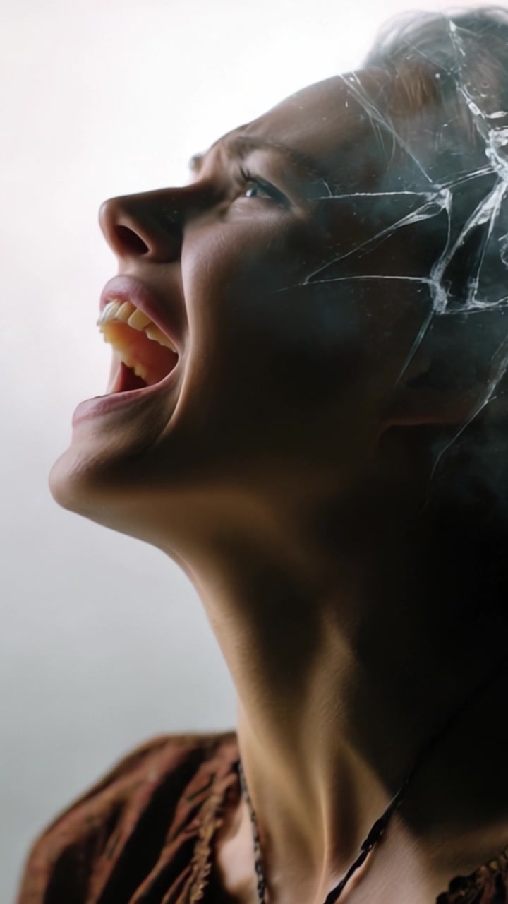 Una potente espressione di angoscia e disperazione mentre una donna urla, catturando un intenso momento emotivo con immagini suggestive di vetro incrinato e cruda vulnerabilità