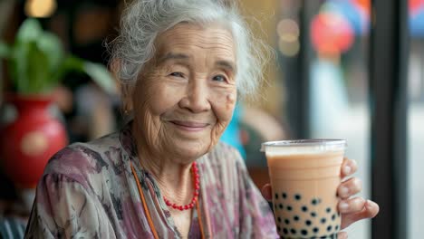 elderly woman enjoying bubble tea