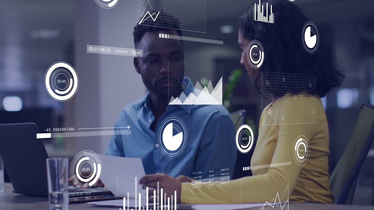 Animation of data processing over diverse business people in office