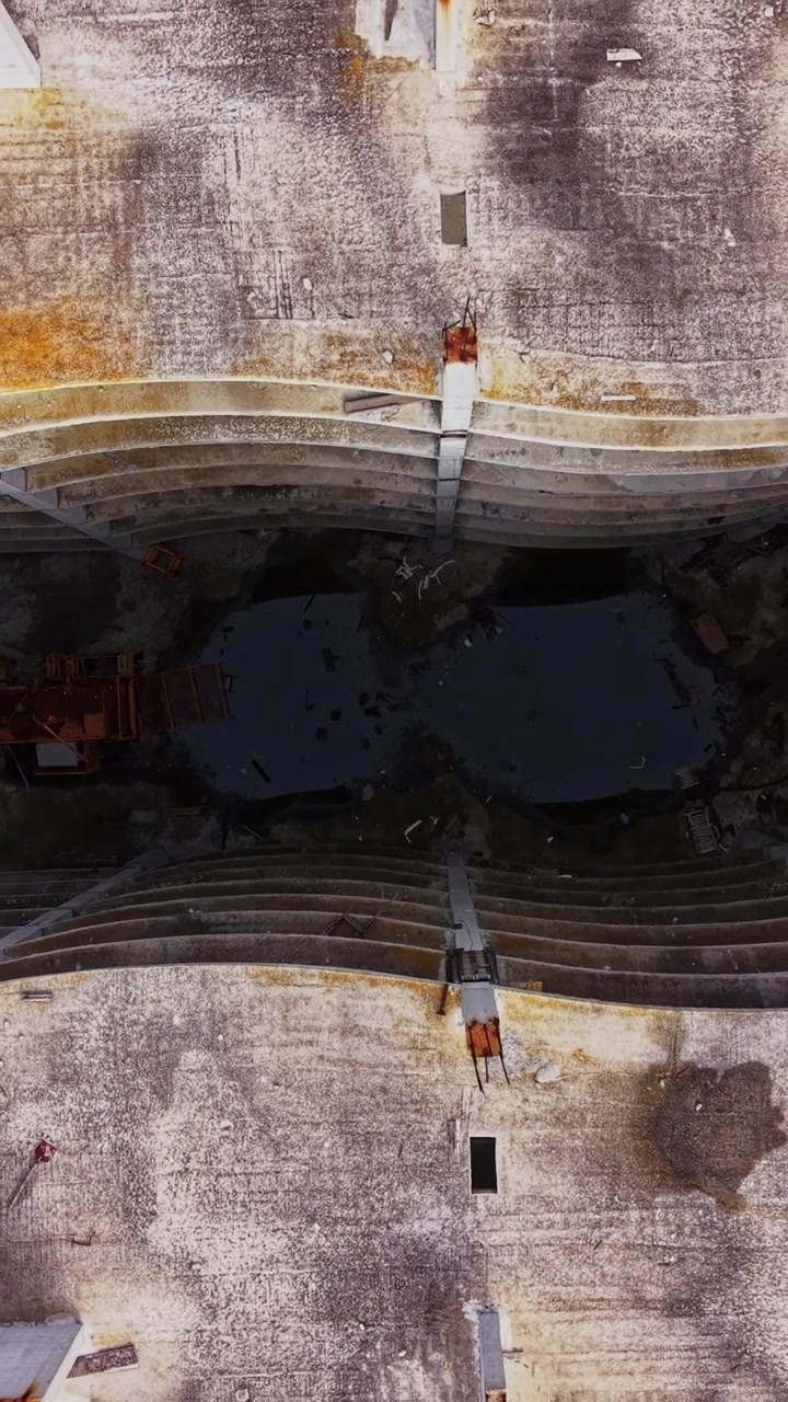 Construction site view from above showing structural elements and machinery