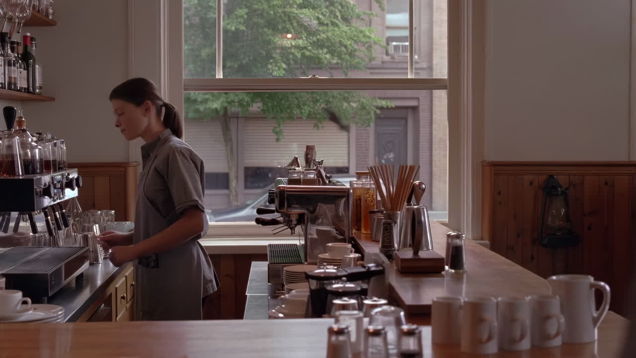 A barista works behind the counter in a coffee shop