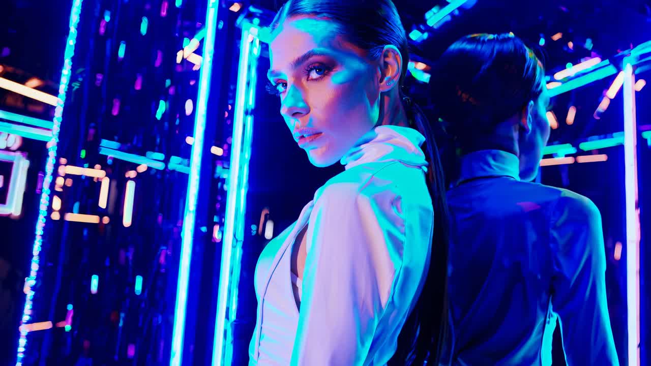 Donna elegante sotto luci al neon