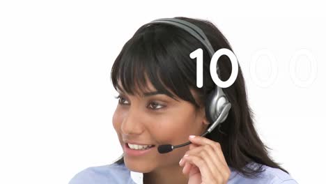 Animation-of-numbers-changing-over-businesswoman-using-phone-headset