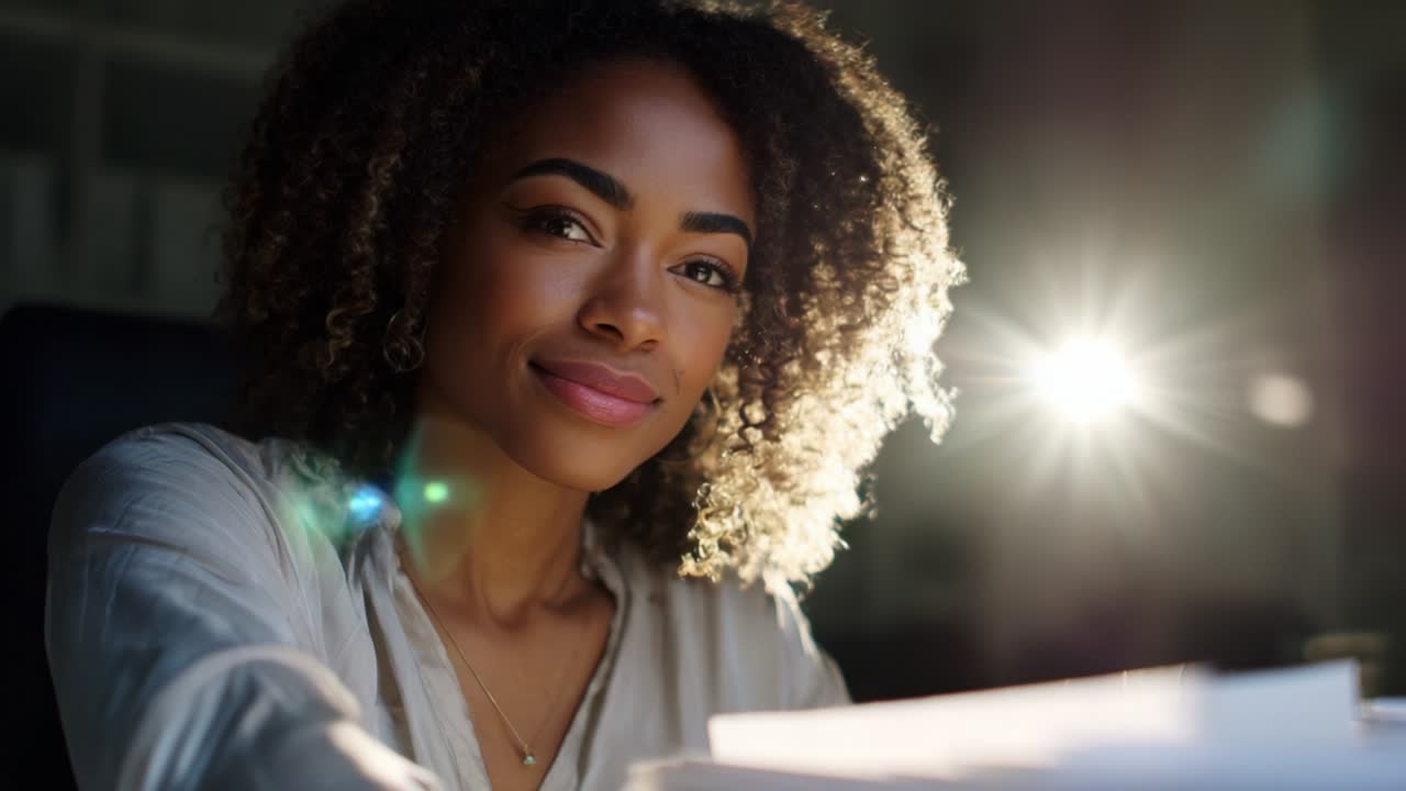 A Captivating Portrait of a Young Woman with Curly Hair, Bright Eyes, and a Warm Smile, Illuminated by Gentle Light in a Dimly Lit Room, Emphasizing Her Expressive Features and Radiant Beauty