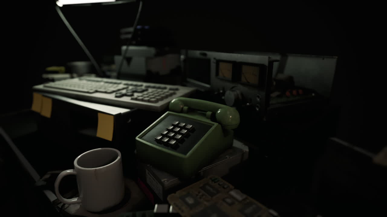 Old technology gathering dust in a dimly lit workspace during evening hours