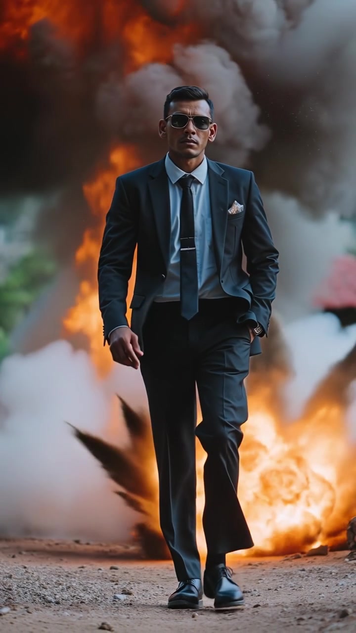 Homem confiante de terno afastando-se de uma explosão massiva e flamejante.