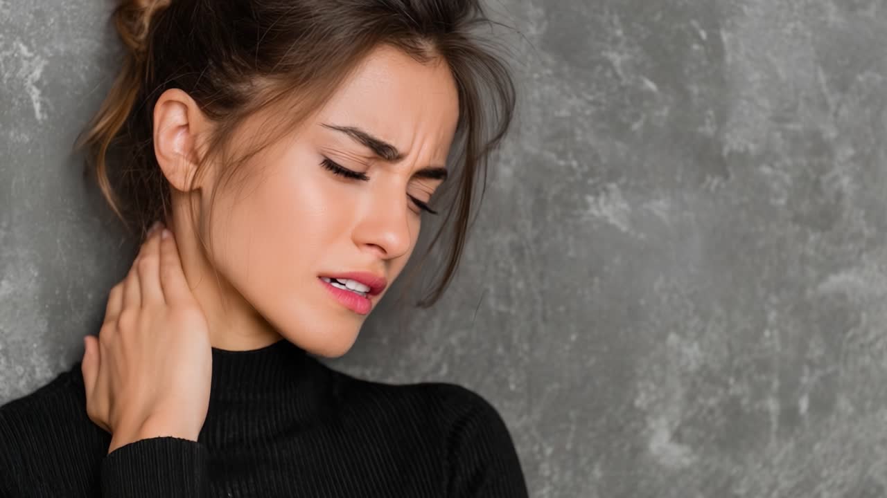 Catturata in due scatti toccanti, una donna esprime disagio, la sua espressione trasmette un senso di vulnerabilità e angoscia mentre si tocca il collo, incarnando una vera difficoltà.